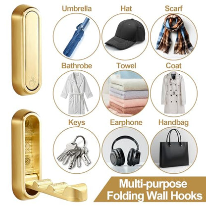 6 Pack Folding Wall Hooks – Heavy Duty Gold Coat Hooks, Foldable Zinc Alloy Wall Mount Hooks for Hanging Coats, Hats, Towels, Bags, Keys, Robes, Christmas Socks & Wreaths – Holds up to 55 lbs - color: Gold 6 Pack