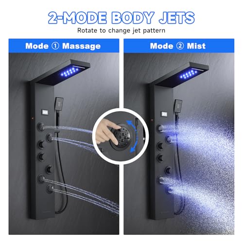 5-in-1 LED Shower Panel Tower System Matte Black Stainless Steel | Rainfall + waterfall | 4 body jets | Handheld shower | LED lights | Wall mount - color: Matte Black