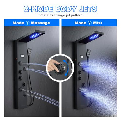 5-in-1 LED Shower Panel Tower System Matte Black Stainless Steel | Rainfall + waterfall | 4 body jets | Handheld shower | LED lights | Wall mount - color: Matte Black
