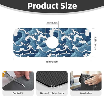 Japanese Wave Kanagawa Blue And White Waves Japan Kitchen Sink Splash Guard Faucet Mat Super Absorbent Fast Drying Mat Sink Gadgets-Fast Drying Pad Sink Mat For Kitchen Bathroom (15" X 5.5" ) - color: Japanese Wave