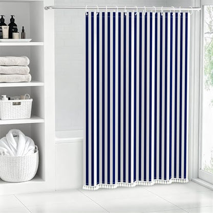 AOFOTO Navy Blue and White Stripe Shower Curtain Farmhouse Style Striped Line Bathroom Curtains Waterproof Fabric Machine Washable with 10 Hooks Modern Fashion Simple Bathroom Curtain 60x72 Inch - color: Navy Blue, size: 60"W x 72"L (Pack of 1)