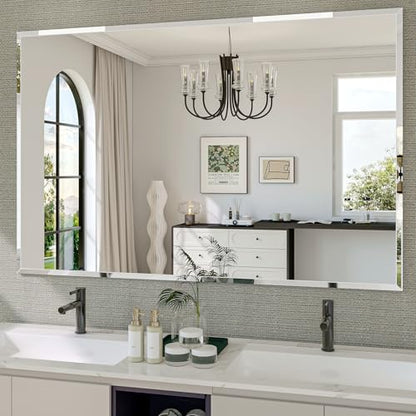 Frameless Bathroom Mirror, 55" x 36" Beveled Wall Mirror | 5mm HD glass, 20mm beveled edge, frameless, anti-rust, shatterproof, french cleat, horizontally or vertically - size: 55"L x 36"W