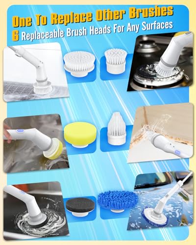 Electric Spin Scrubber, Cordless Shower Spin Scrubber with 6 Replacement Brush Heads & Adjustable Extension Arm, 2H Bathroom Scrubber Dual Speed, Power Spin Scrubber for Bathroom Car Floor Grout Sink