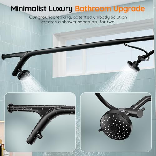 Dual Shower Head System- Double Showerheads for Couples - Black | Two People 2 Person Gifts for Women Men - Thicker 304 Stainless Steel, High Pressure, Adjustable, Bathroom Upgrade, SPA-Like - color: Black