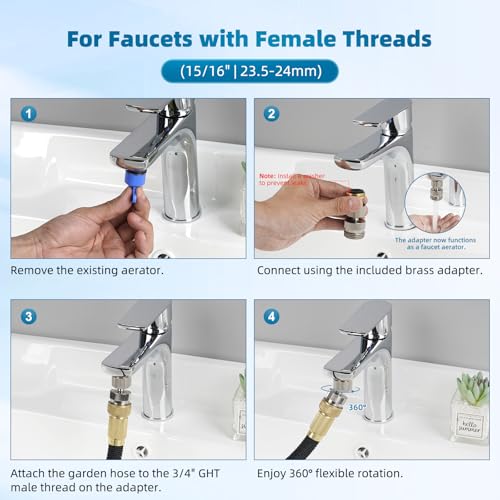 Hibbent Swivel Faucet Adapter Kit, Solid Brass 3/4" Garden Hose Connector, 360 Degree Kitchen Sink Faucet Adapter for Female & Male to Male, Brushed Nickel - color: Brushed Nickel, style: Female Thread