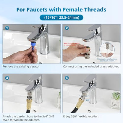 Hibbent Swivel Faucet Adapter Kit, Solid Brass 3/4" Garden Hose Connector, 360 Degree Kitchen Sink Faucet Adapter for Female & Male to Male, Brushed Nickel - color: Brushed Nickel, style: Female Thread