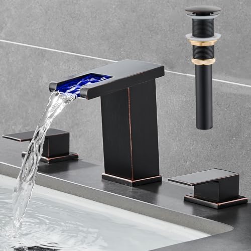 LED Bathroom Faucet 3 Hole, Oil Rubbed Bronze Waterfall Bathroom Faucets, 8 Inch Widespread Modern Bathroom Sink Faucet & Parts, Wide Spread Touch On Three Hole 2 Handle Bathroom Vanity Faucet - color: Oil Rubbed Bronze