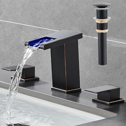 LED Bathroom Faucet 3 Hole, Oil Rubbed Bronze Waterfall Bathroom Faucets, 8 Inch Widespread Modern Bathroom Sink Faucet & Parts, Wide Spread Touch On Three Hole 2 Handle Bathroom Vanity Faucet - color: Oil Rubbed Bronze