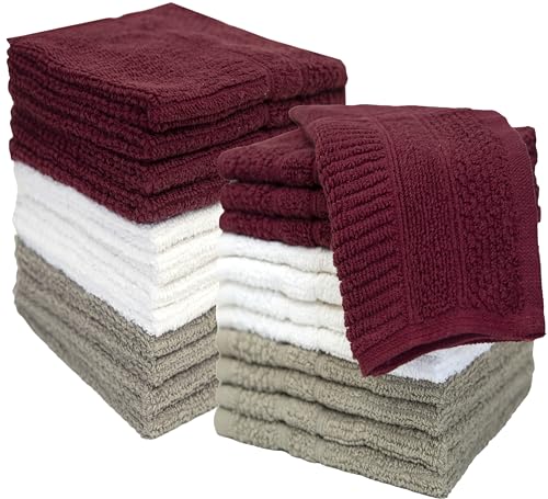 PH Pleasant Home Ribbed Wash Cloths Set - 12 Pack (12” x 12”) – 509 GSM - 100% Ring Spun Cotton Wash Cloth - Super Soft and Highly Absorbent Face Towels (Maroon, White & Tan) - color: Maroon, White & Tan, style: Ribbed