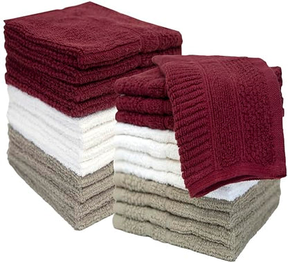 PH Pleasant Home Ribbed Wash Cloths Set - 12 Pack (12” x 12”) – 509 GSM - 100% Ring Spun Cotton Wash Cloth - Super Soft and Highly Absorbent Face Towels (Maroon, White & Tan) - color: Maroon, White & Tan, style: Ribbed