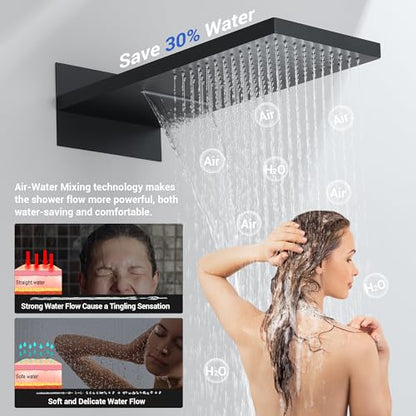 Thermostatic Shower System, Waterfall Shower Head(Matte Black) | 22-Inch Rain & Waterfall Large Shower Head, High Pressure Handheld Sprayer, 3 Modes Push Button Valve - color: Matte Black