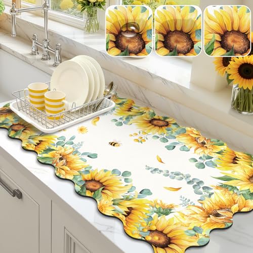 LOKHOM Scalloped Floral Dish Drying Mat, 17"x32" Coffee Mat Sunflowers | Yellow Watercolor, Super Absorbent, Cuttable, Hide Stain, Non-slip Drying Mat, For Kitchen Counter Coffee Espresso Machine - color: Sunflower, size: 17" x 32"