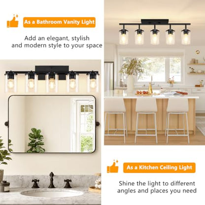 FadimiKoo 5-Lights Black Semi Flush Mount Ceiling Light Fixtures, Modern Clear Glass Shade Farmhouse Kitchen Ceiling Lamp, Adjustable Rotatable Vanity Light Fixture for Hallway Entryway Dining Room - color: Black, size: 5-Lights