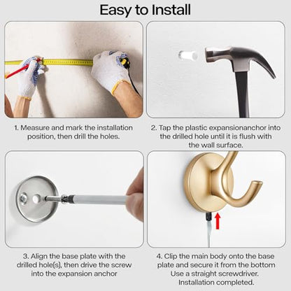Matte Gold Towel Hooks 4 Pack, Heavy Duty Zinc Alloy Double Prong Coat Robe Hooks, Wall Mounted Towel Hooks for Bathroom, Kitchen, Closet, Garage, Entryway (195gold) - color: Brushed gold