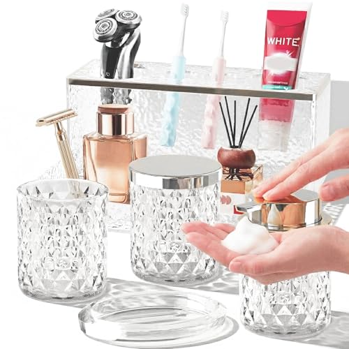 Glass Bathroom Accessories Set 5Pcs Crystal - Foaming Soap Dispenser, Soap Dish, Cup, Acrylic Toothbrush Holder with Tray Organizer, Qtip Jar, Bathroom Counter Set Sink Decor (Clear) - color: Clear
