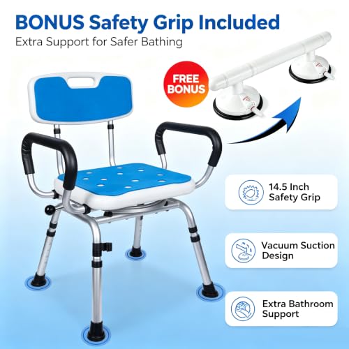 Swivel Shower Chair with Handle 500lbs Capacity Adjustable Arms & Back | 360° Swivel, 5-Level Height Adjust, Non-Slip Feet, Tool-Free Assembly With Extra Suction Bath Grab Bar - size: Blue Set