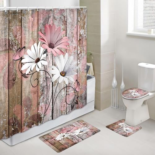 JAWO 4 Piece Pink Daisy Flower on Rustic Wooden Plank Country Style Shower Curtain Sets with Non-Slip Rugs, Toilet Lid Cover and Bath Mat, Shower Curtain with 12 Hooks - color: Pink-01, size: 5'10" x 5'10" (Rectangular)