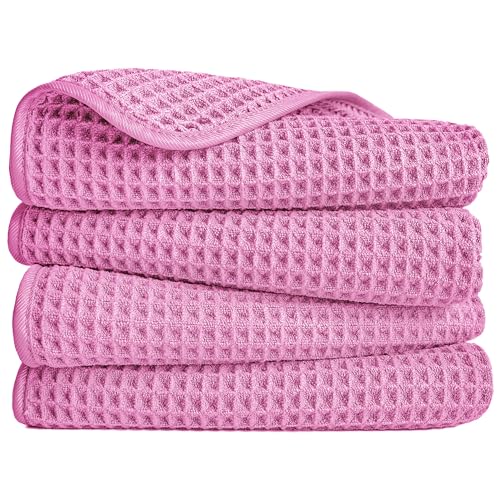 POLYTE 430 GSM Poly Blend Microfiber Quick Dry Waffle Hand Towel, 16x30 in | 4 Pack, Oversize, Lint Free, Quick Dry, Hanging Loop - color: Pink