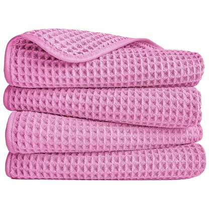 POLYTE 430 GSM Poly Blend Microfiber Quick Dry Waffle Hand Towel, 16x30 in | 4 Pack, Oversize, Lint Free, Quick Dry, Hanging Loop - color: Pink