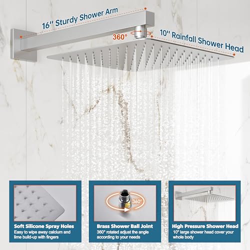 Kurpot Shower System, 10'' High Pressure Brushed Nickel Shower Head with Handheld Spray Combo, Included 59'' Shower Hose, Shower Trim Kit and 2-IN-1 Diverter, Bathroom Shower Faucet Set with Valve - color: Brushed Nickel