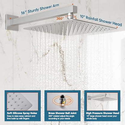 Kurpot Shower System, 10'' High Pressure Brushed Nickel Shower Head with Handheld Spray Combo, Included 59'' Shower Hose, Shower Trim Kit and 2-IN-1 Diverter, Bathroom Shower Faucet Set with Valve - color: Brushed Nickel