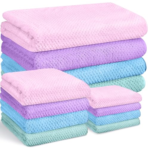 Preboun 4 Sets Bath Towels and Washcloths for Bathroom,Pastel | 12 Pcs Microfiber Quick Dry Coral Fleece Highly Absorbent for College Dorm Beach Pool Spa Fitness Sports Shower Travel Hotel - color: Pastel