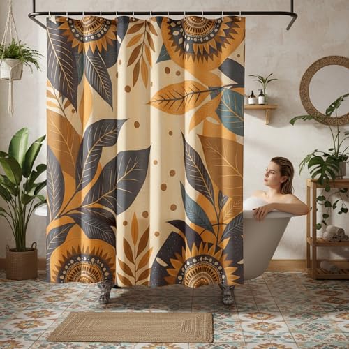 Burnt Orange Botanical‌ Pattern Linen Shower Curtain Set with Liner | Double Layer Shower Curtain Waterproof Fabric with Zippered Removable PEVA Liner,Boho Shower Curtain for Bathroom,Free Hooks - color: Sunflower