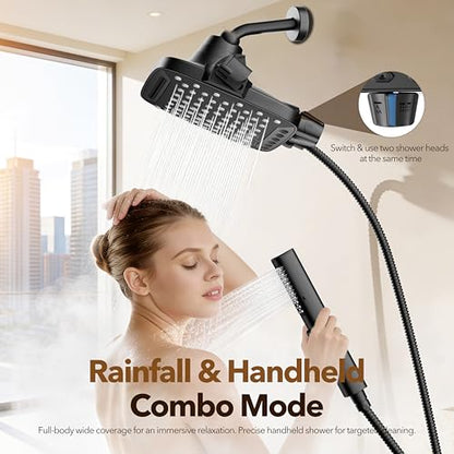 JDO High Pressure Rain Shower Head with Handheld Spray Matte Black | 7 Modes Dual Shower Head, 10-inch Rainfall Showerheads Combo, Detachable Hand Held Shower Wand, Power Jets, 71" Shower Hose - color: Matte Black