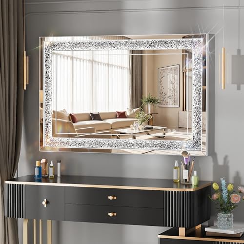 WINNICE 40"x26" LED Diamond Wall Mirror, Dim & Anti-Fog | Crystal glass, dimmable & anti-fog, mounts vertical/horizontal, ideal for bathroom, bedroom, living room. - size: 26"L x 40"W