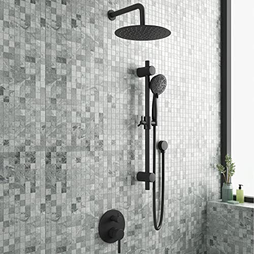 Refuge Rain Shower Head with Handheld Spray Combo - Matte Black Finish - 10" Rainfall Shower Head with Handheld Combo | Adjustable Slide Bar | 5-Function Handshower | Tru-Temp Valve | 1.8 GPM - color: Matte Black, size: 1.8 GPM