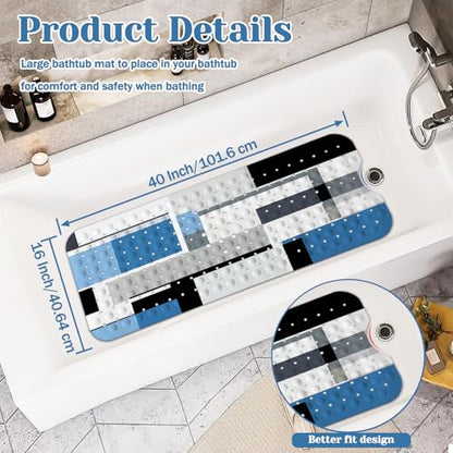 Blue Black Bath Tub Mat Non Slip, Modern Geometric Large Washable Shower Mats with Drain Holes and Suction Cups,40 X 16 Inch - color: Blue Black