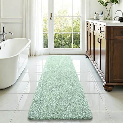 Bathroom Runner Rug 24x84 Inch, Absorbent Long Bath Rugs for Shower Floor | Non Slip Washable Bathroom Rugs, Soft Plush Thick Microfiber Large Bath Mat for Tub Double Sink Vanity, Green and White - color: Green and White, size: 24" x 84"