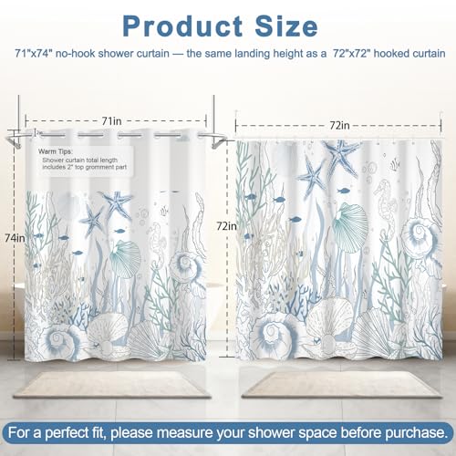 No Hook Shower Curtain Set with Detachable Snap in Liner, Waterproof Summer Shower Curtain with Ventilation Top Window and Weighted Hem, Ocean Theme Coastal Shower Curtains for Bathroom, 71x74 Inches - color: Calm Ocean