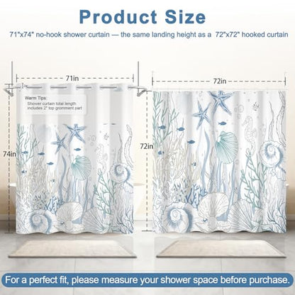 No Hook Shower Curtain Set with Detachable Snap in Liner, Waterproof Summer Shower Curtain with Ventilation Top Window and Weighted Hem, Ocean Theme Coastal Shower Curtains for Bathroom, 71x74 Inches - color: Calm Ocean