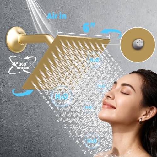 Thermostatic Digital Triple Heads Rain Shower System Can Run Together | Brushed Gold 4-way Thermostatic Digital Shower Faucets Set, 12" + 6" Tilted Shower + 6 Body Sprays with On-off + Handheld - color: Brushed Gold, style: 12” + 6" + 6"