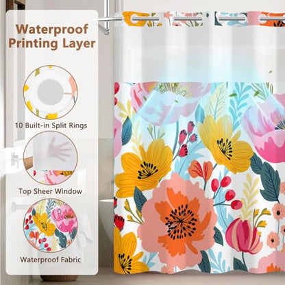 No Hook Shower Curtain with Snap in Liner, Boho Floral Shower Curtain with Mesh Top Window and Weighted Hem, 71x74 Inches Double-layer Waterproof Fabric Flower Shower Curtain and Removable Liner Set - color: Gorgeous Flowers