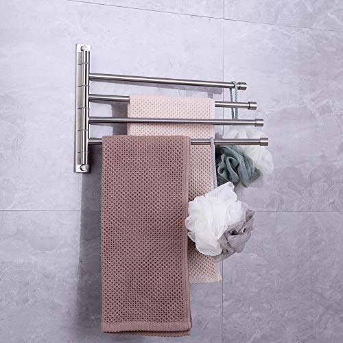 Swivel Towel Bar 4-Arm Bathroom Towel Holder Wall-Mounted Swing Out Towel Rack with Hooks Rustproof Brushed Finish - color: Brushed