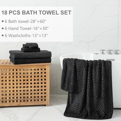 Smuge 18-Piece Bath Towel Set, Include 6 Bath Towel Sheets, 6 Hand Towels and 6 Washcloths - Highly Absorbent Quick Dry 100% Microfiber,Ultra Soft Bathroom Towel Set (Black) - color: Black, size: 18 Pcs Bath Towel Set
