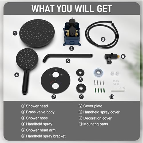 Iriber Thermostatic Shower System Wall Mount with 10 Inch Roud Rainfall Shower Head and Handheld,Shower Faucet Mixer Trim Kit (Valve Included),Matte Black - color: Matte Black 03