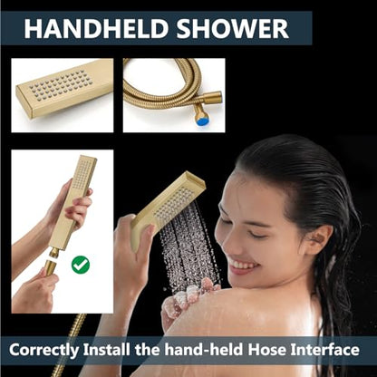 Aolemi Ceiling Shower Faucet Set with Handheld 10" LED Head Brushed Gold | Handheld Spray,10 Inch Rain LED Head,Shower Valve and Trim Kit,All Metal,Ceiling System,Bathroom Mixer - color: Gold, size: 10 Inch LED Shower Head