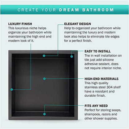 Shower Niche Stainless Steel In-wall Model 12" X 12" Recessed Shelf Ready For Tile - Color Mate Black - Modern and Elegant Design - Easy to Install - Lightweight - Leak Proof Product - color: Black