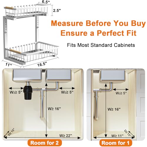 Under Sink Organizer, Height Adjustable Under Sink Organizers and Storage, 2 Tier Pull Out Drawer Cabinet Storage for Kitchen Bathroom, 1 Pack, White | cabinet organizer, 5 level adjustable, quiet sliding rails, dual suction and nano tape, no drill, rust