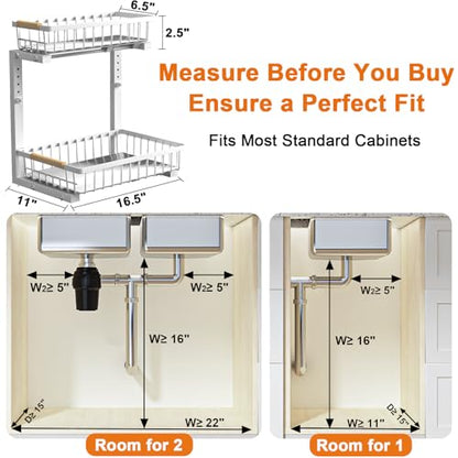 Under Sink Organizer, Height Adjustable Under Sink Organizers and Storage, 2 Tier Pull Out Drawer Cabinet Storage for Kitchen Bathroom, 1 Pack, White | cabinet organizer, 5 level adjustable, quiet sliding rails, dual suction and nano tape, no drill, rust