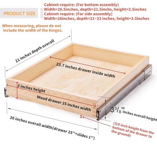 26''W x 21''D x 3''H Pull Out Cabinet Drawer Soft Close Slide Out Wood Organizer for Kitchen, Finished, Bottom and Side Assembly (Wood Drawer Part Width is 25inch) - size: 26”W x 21”D