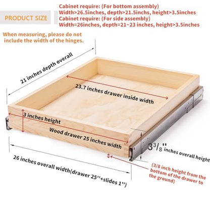 26''W x 21''D x 3''H Pull Out Cabinet Drawer Soft Close Slide Out Wood Organizer for Kitchen, Finished, Bottom and Side Assembly (Wood Drawer Part Width is 25inch) - size: 26”W x 21”D
