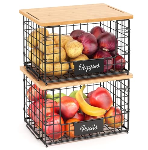 2 Pack Stackable Wire Baskets with Bamboo Top,Pantry Organizers Counter | Potato and Onion Storage Bin with Labels & 2 Pads, Kitchen Organization for Fruit, Vegetable, Produce, Bread, Cabinet - size: XXL-15.2x11.02x9.84