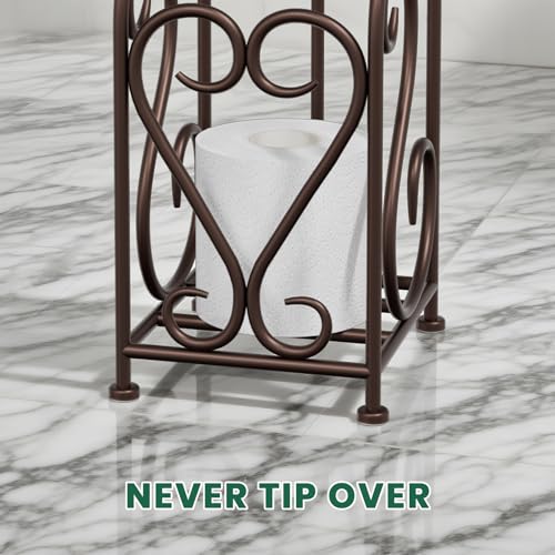 Toilet Paper Holder Free Standing with Storage for Mega Rolls, Scroll Bathroom Tissue Holder Stand, Metal, Bronze
