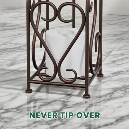 Toilet Paper Holder Free Standing with Storage for Mega Rolls, Scroll Bathroom Tissue Holder Stand, Metal, Bronze