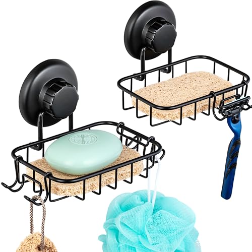 HASKO 2 Pack Suction Cup Soap Dish for Shower Wall, Rustproof Stainless Steel, Shower Soap Holder with Hooks, Includes Optional No Drill Adhesive Mount for Bathroom, 2 Soap Savers, Black - color: Black (2 Pack)