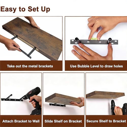 Solid Wood Floating Shelves Set of 2 - Waterproof Scratch Resistant Wall Mounted Shelves, Country Style Brown (15.75 in W × 9.25 in D × 1.57 in H) for Bedroom Bathroom Kitchen Living Room - color: Country Style Brown, size: 15.75'W *9.25"D*1.57"H ,Set of